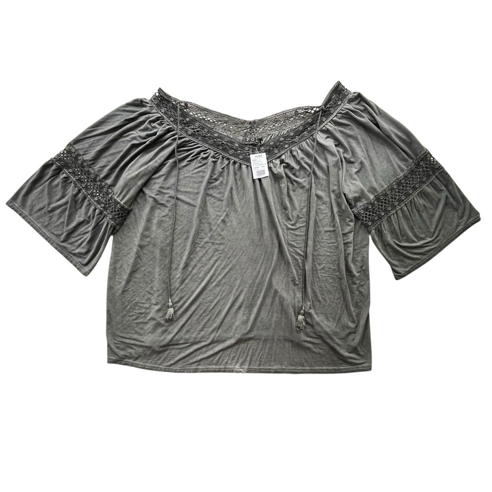 POL Womens L Charcoal Gray Crochet Lace 3/4 Flare Sleeve Boho Tassel Peasant Top